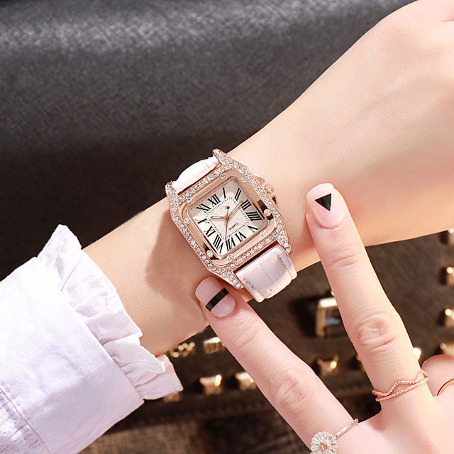 Diamond Watch Starry Square Dial Bracelet Watches Set Ladies hot Leather Band